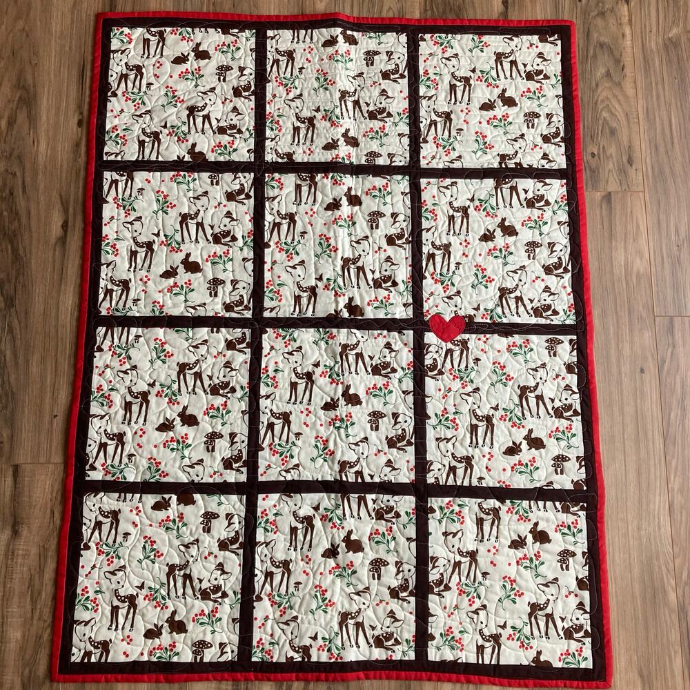 Handmade Baby Quilt Throw Decor Red Brown Woodland Friends Fawn Christmas 34x45 - Picture 2 of 7